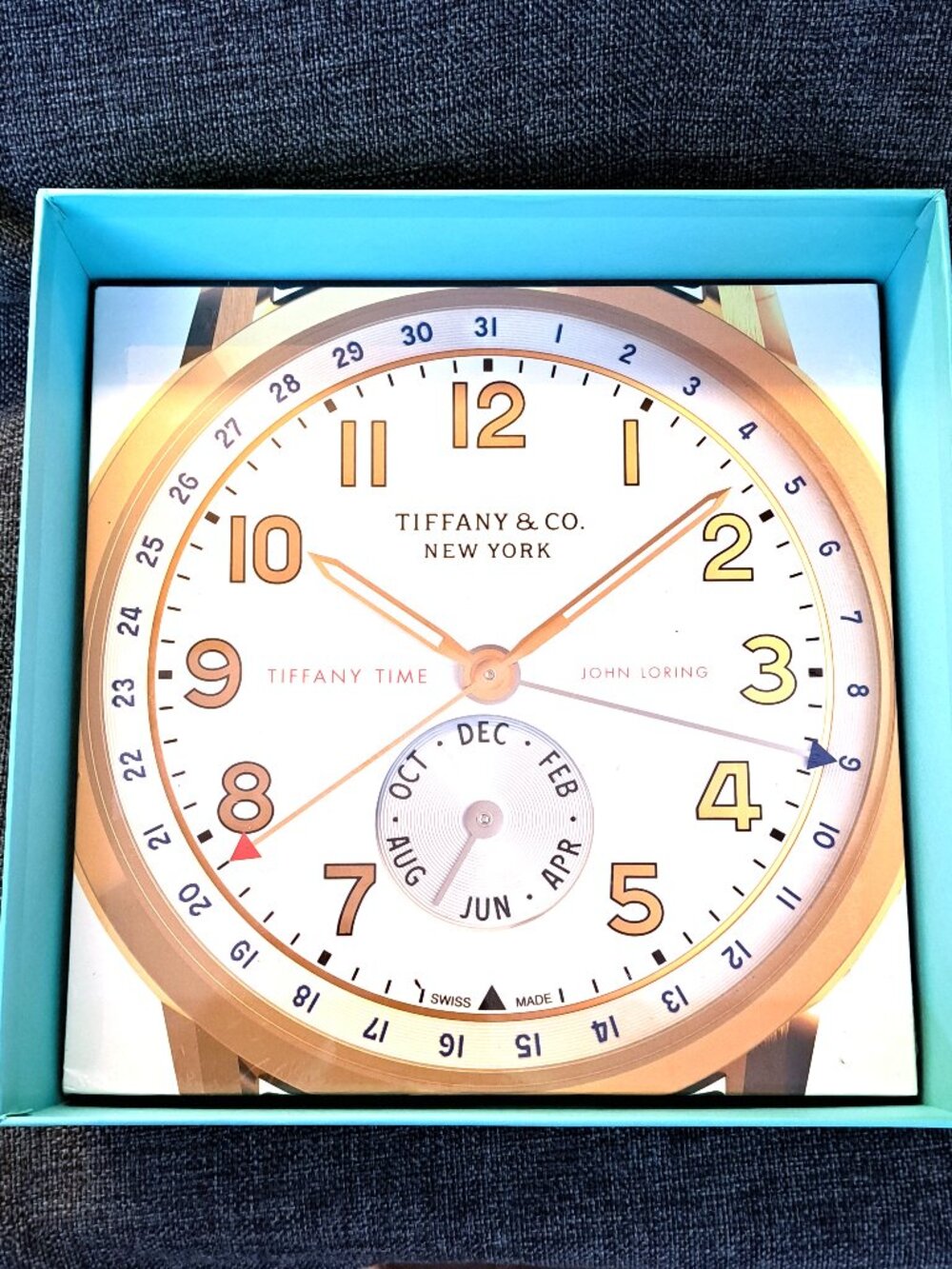 NEW IN BOX TIFFANY & CO TIME WALL CLOCK W MONTH SWISS MADE JOHN LORING GOLD TONE